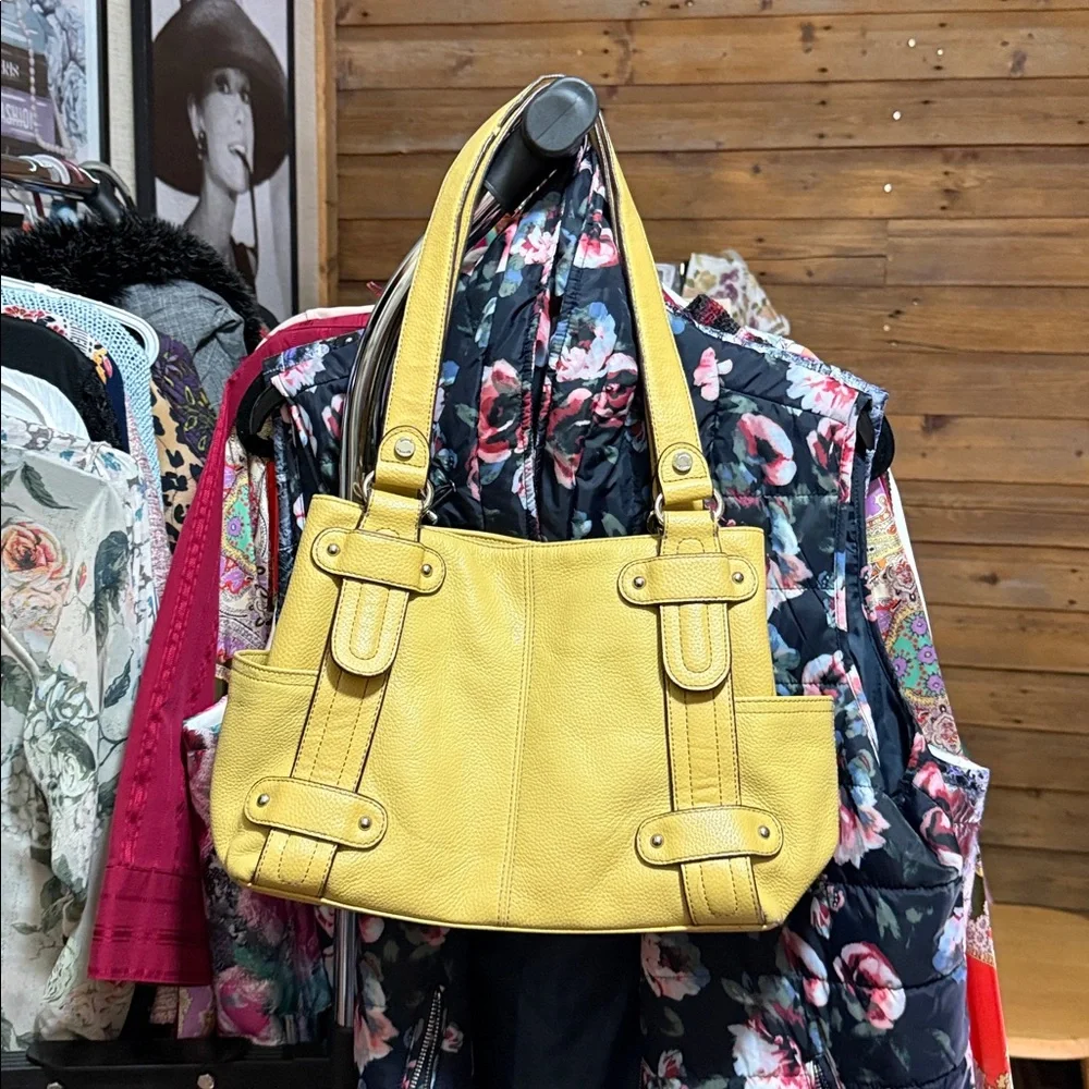 Tignanello Mustard Yellow Pebbled Leather Multi-Pocket Shoulder Bag - Picture 2 of 4